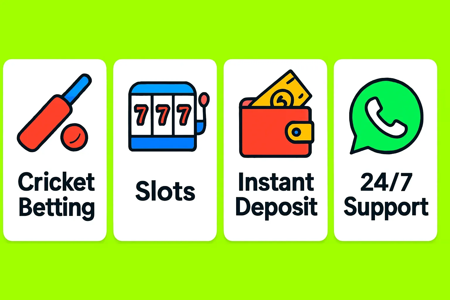 Mobile app feature cards for cricket betting, slots, deposit, and support