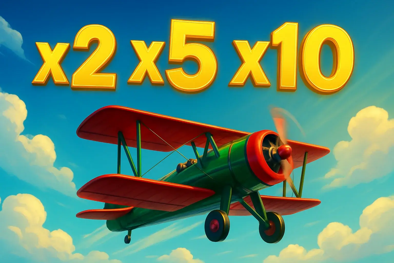 Red and green airplane soaring with glowing multipliers in blue sky