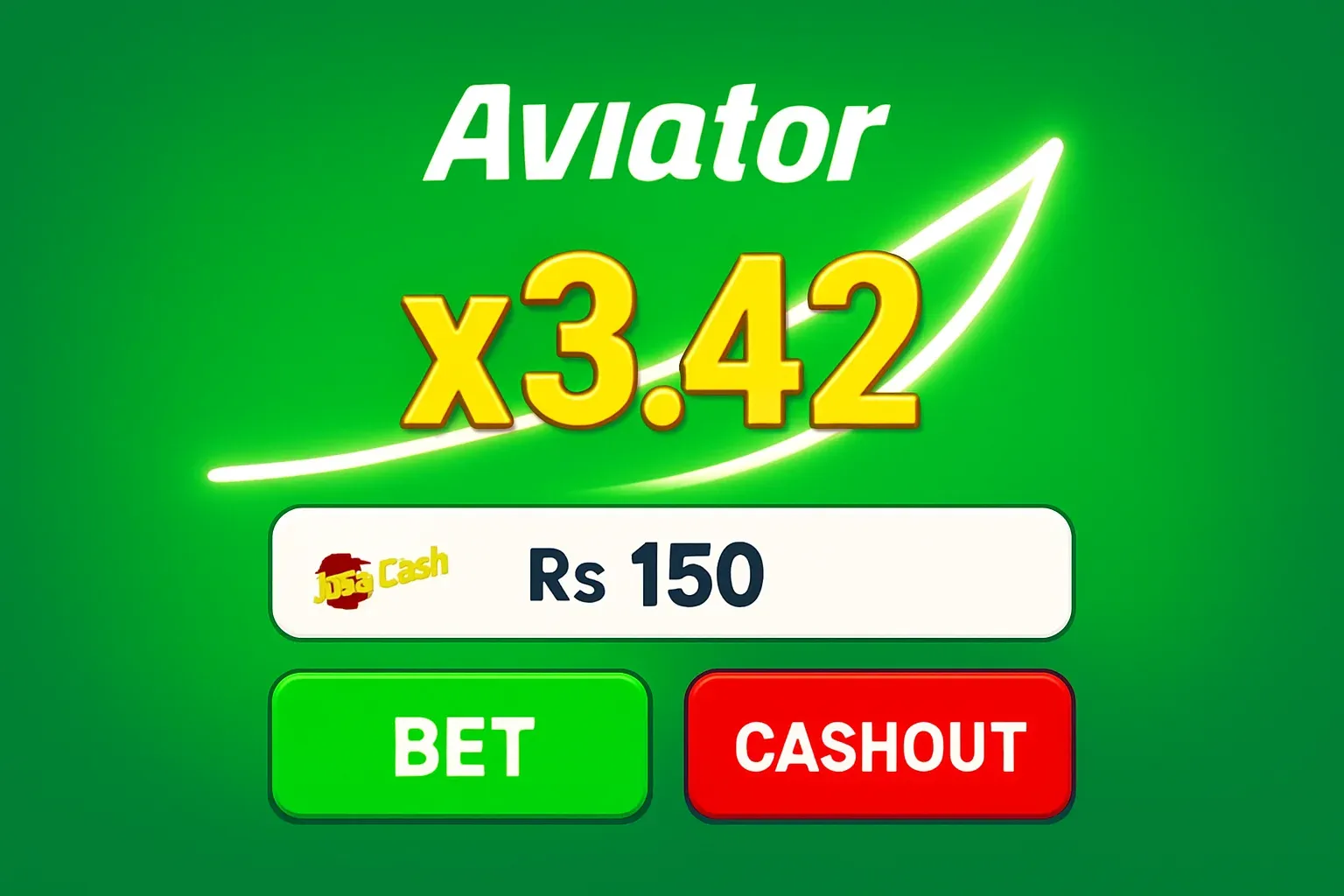 Aviator game UI with x3.42 multiplier, Bet and Cashout buttons