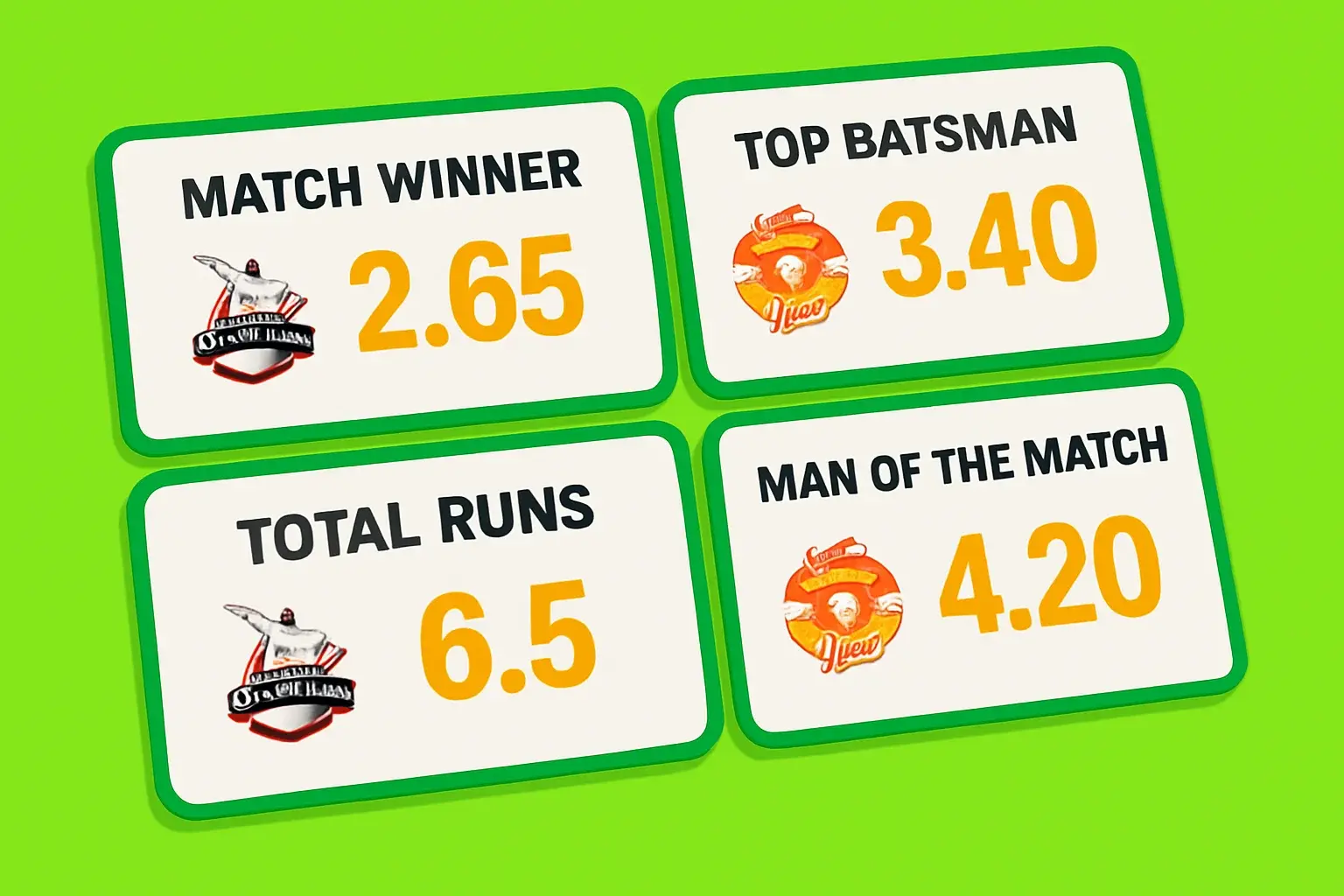 Cricket betting markets interface with white cards and PKR odds