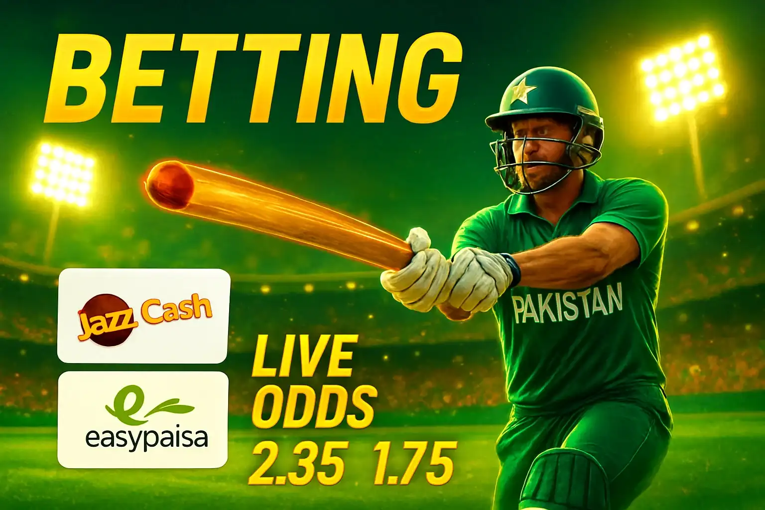 Pakistani cricket betting banner with PSL stadium, batsman, live odds