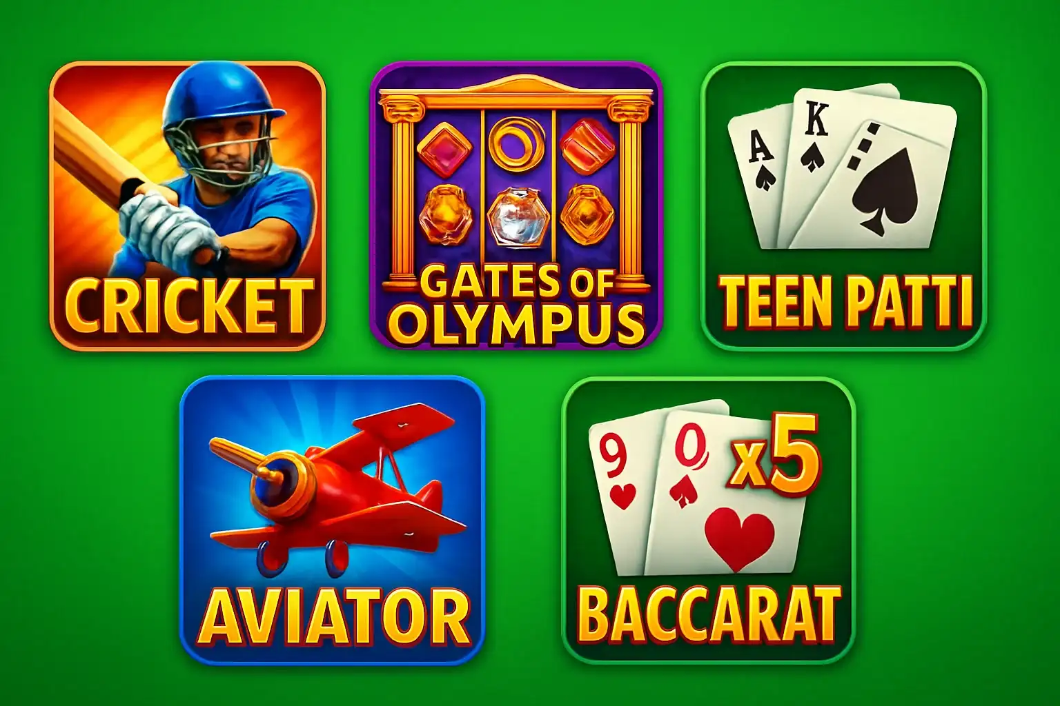 Five Pakistani casino game covers on bright green gradient background