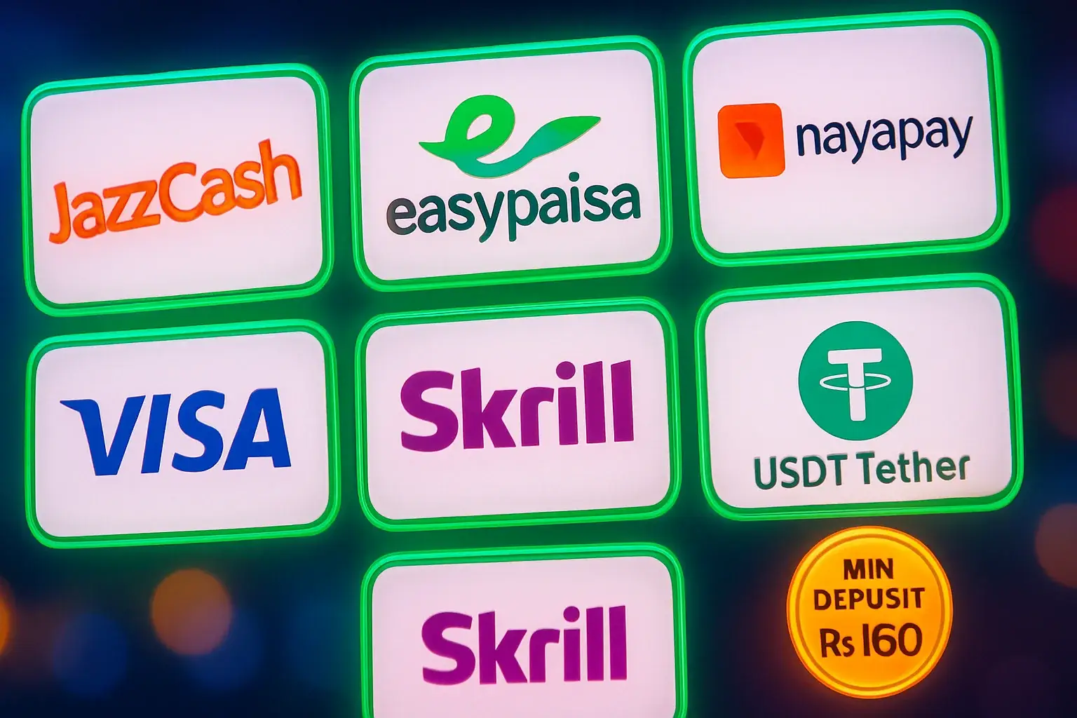 Pakistani mobile payment logos on white cards with green borders