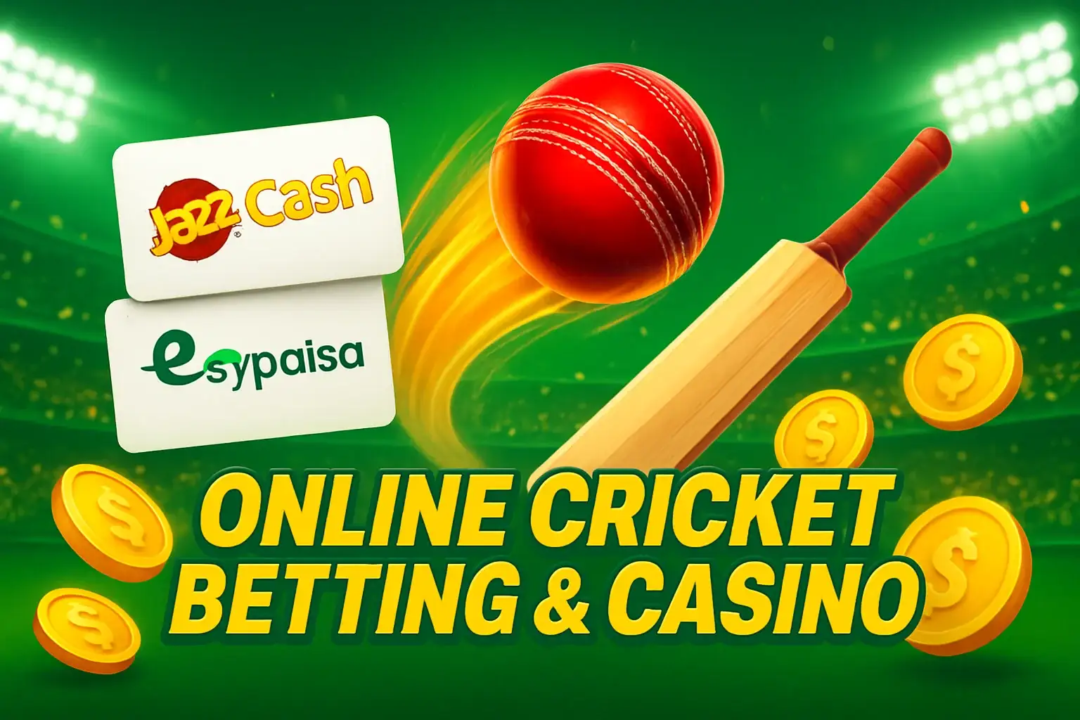 Pakistani cricket betting casino banner with stadium, gold coins, and payment logos