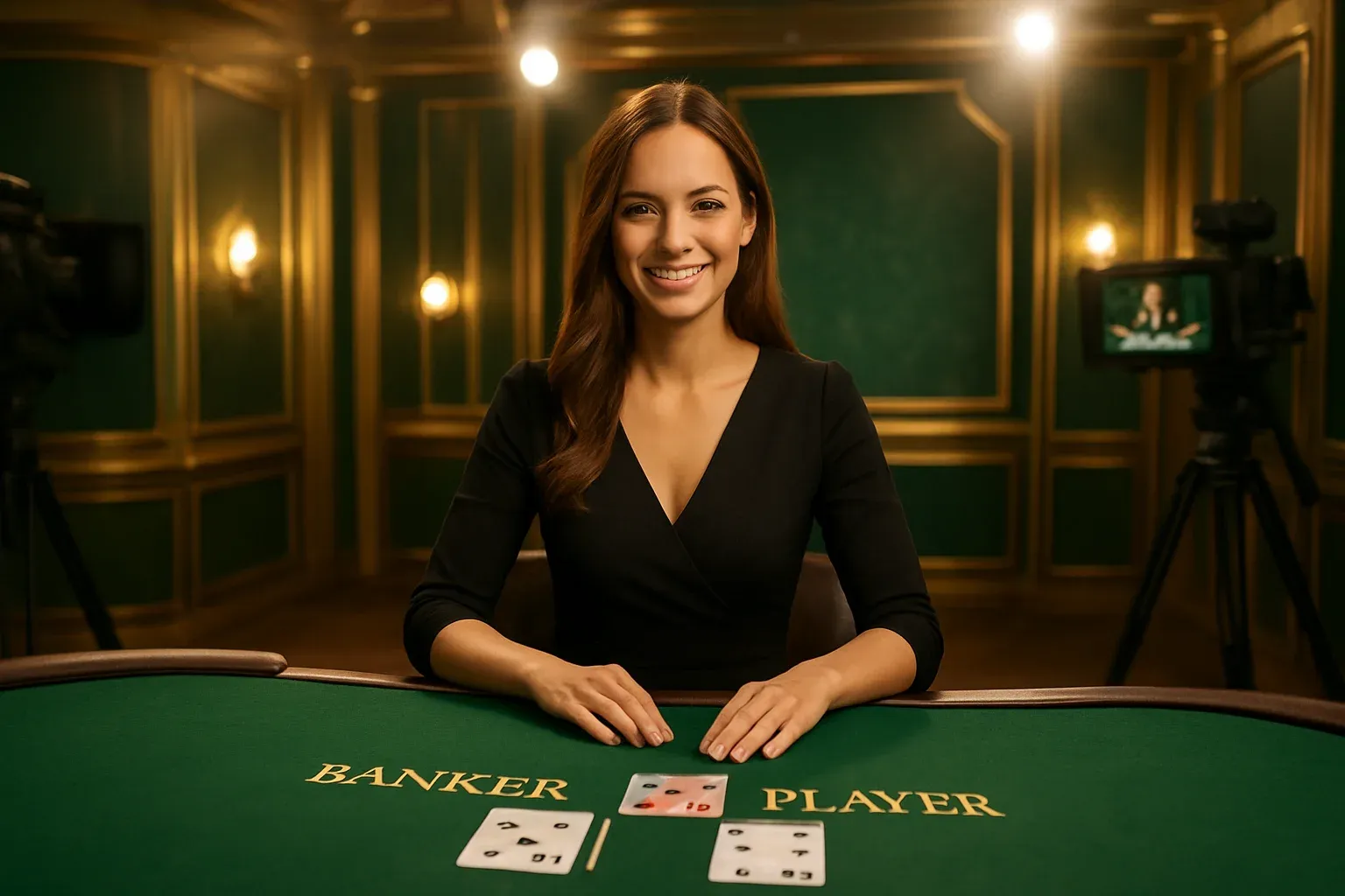 Professional female dealer in bright live baccarat casino studio