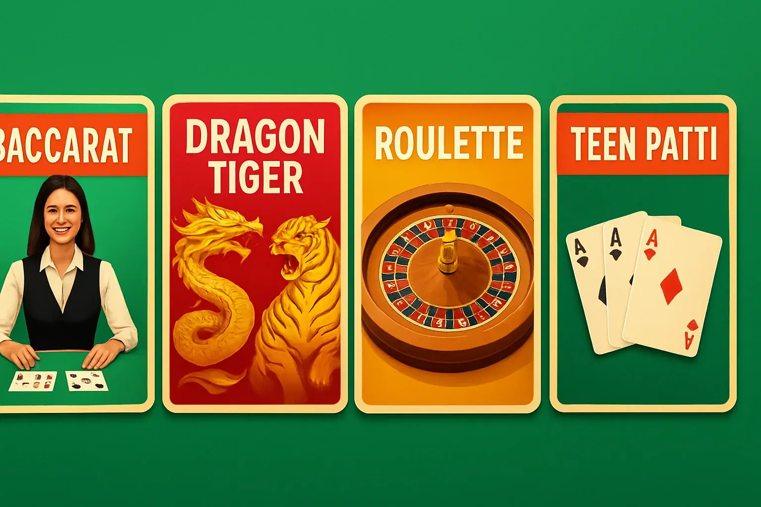 Four live casino game covers on bright emerald green background