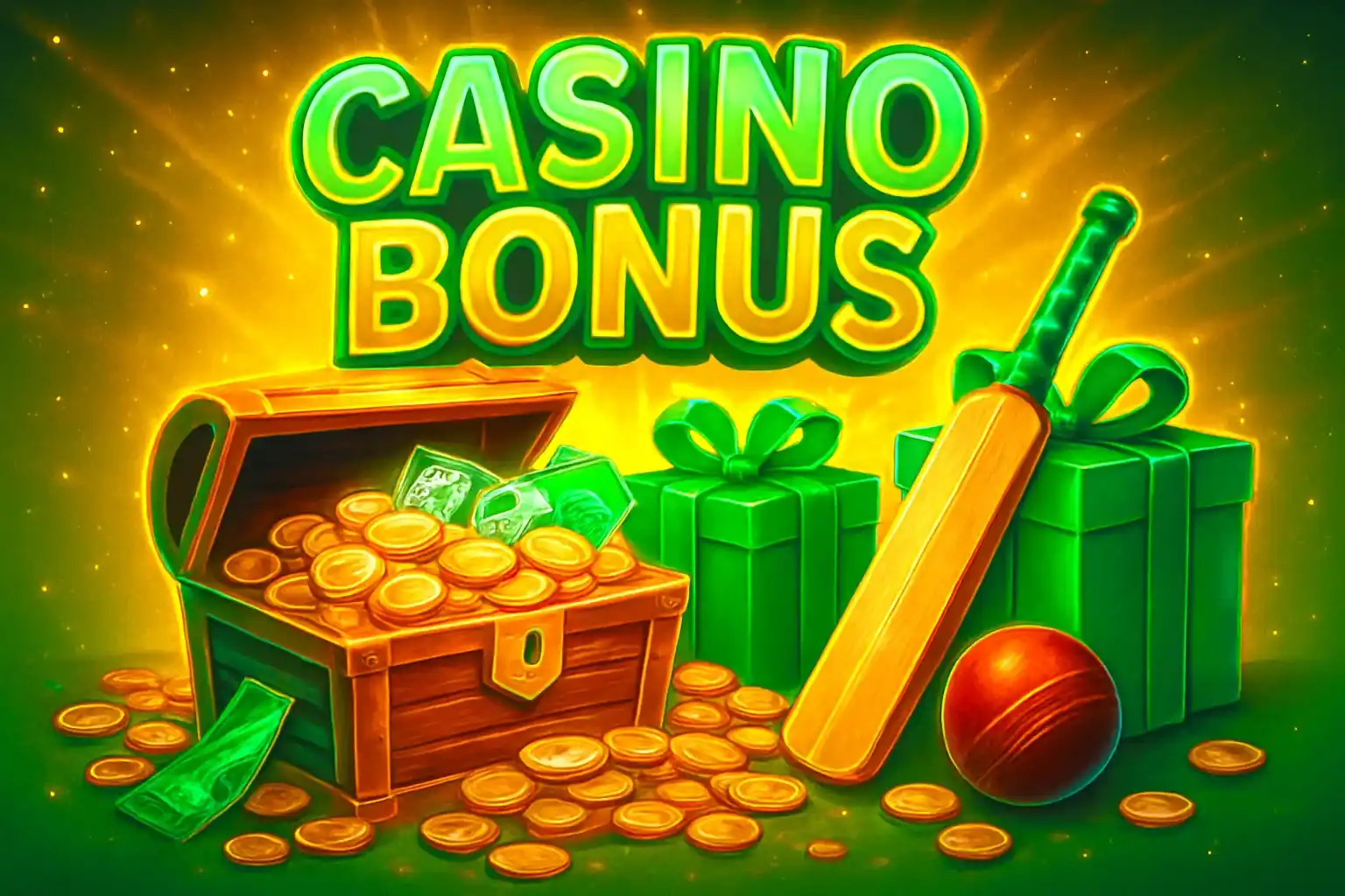 Pakistani casino bonus banner with treasure chest, PKR notes, gifts and cricket bat