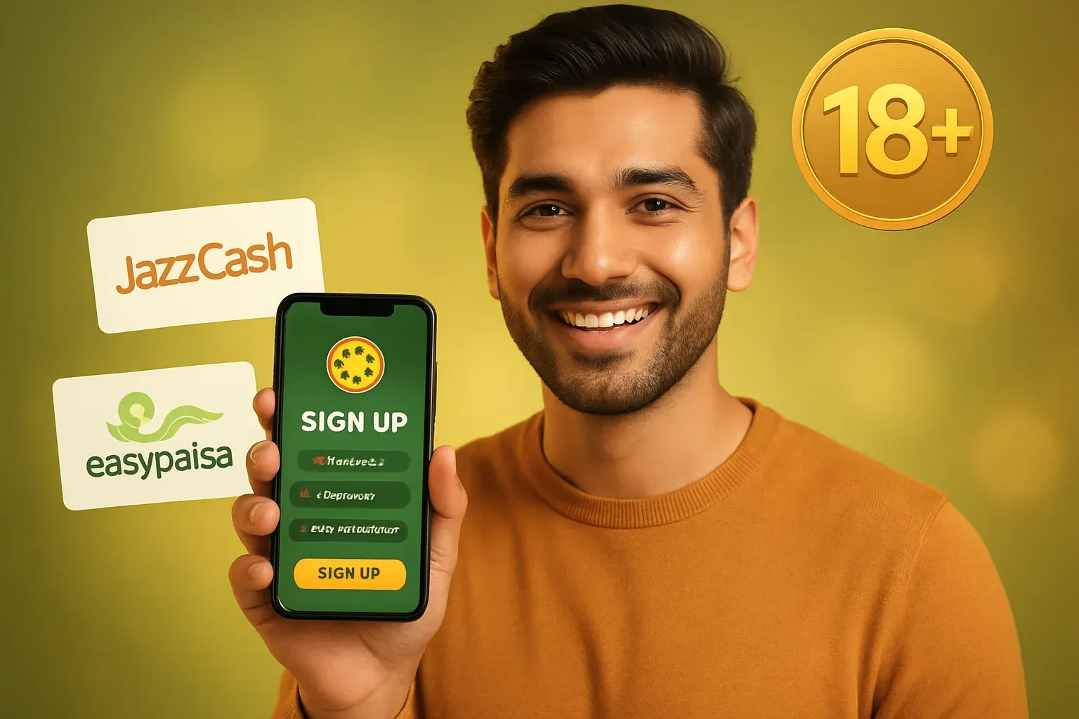 Young Pakistani man showing casino sign-up screen with JazzCash, Easypaisa, and 18+ badge