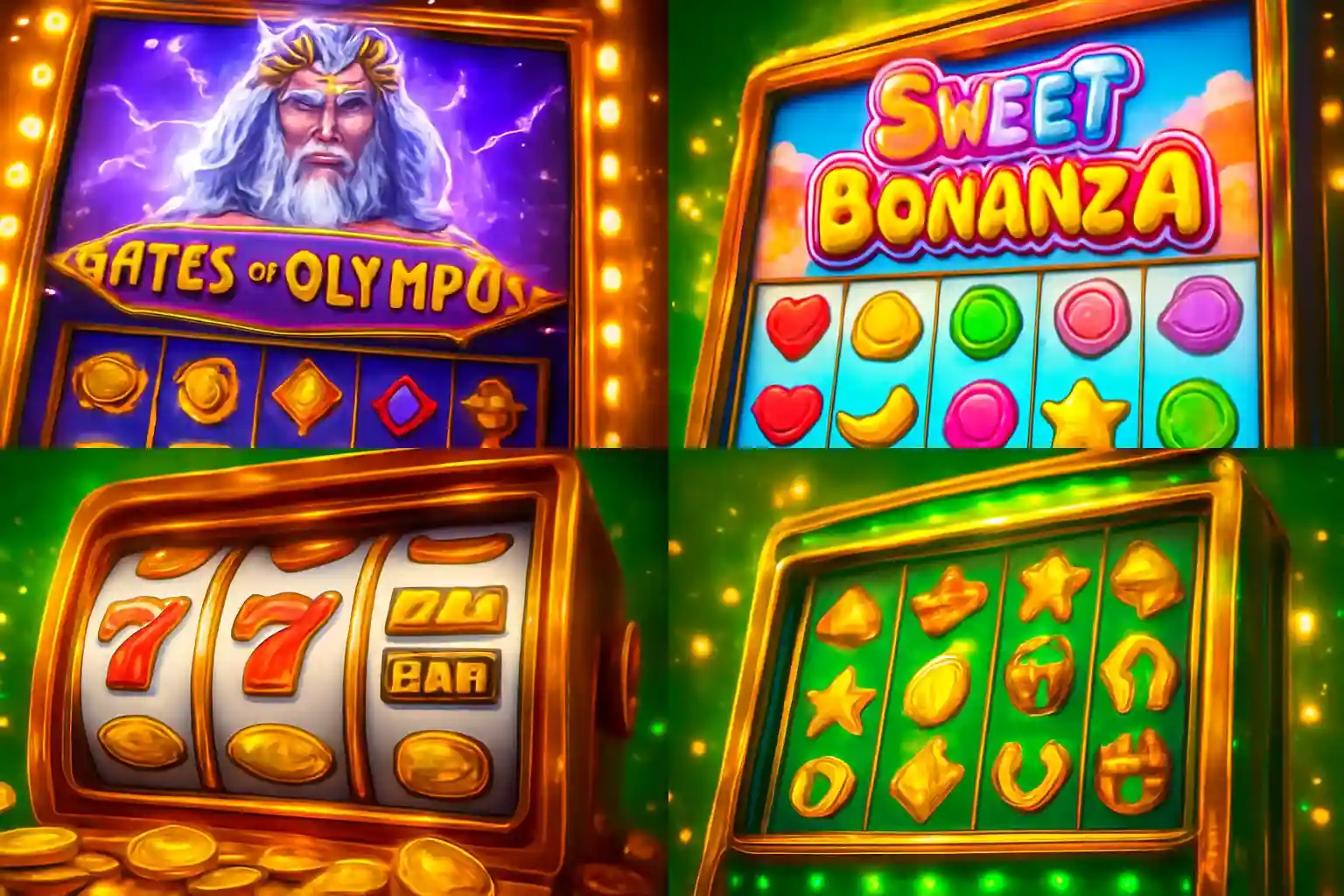 Pakistani casino slot machines collage with Zeus, candy reels, and gold coins