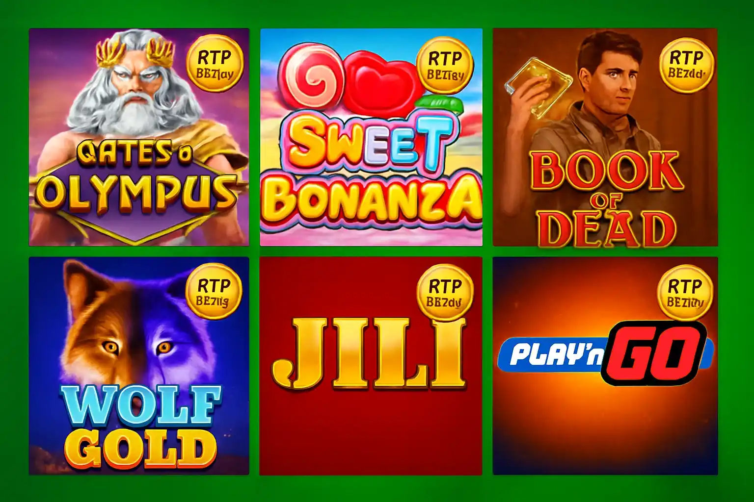 Grid of six popular slot game covers on vivid green background