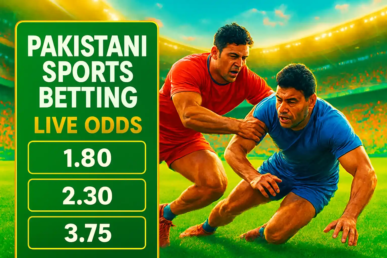 Pakistani sports betting banner with kabaddi action and live odds panel