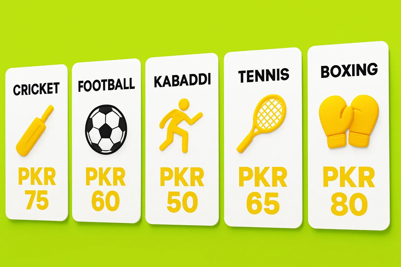 Sports betting market cards with cricket, football, kabaddi, tennis, and boxing odds