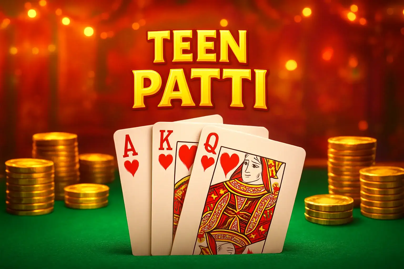 Teen Patti banner with royal flush cards, gold chips, festive green table