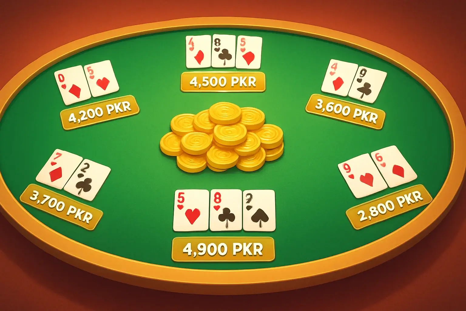 Aerial view of Teen Patti table with six players and gold coins